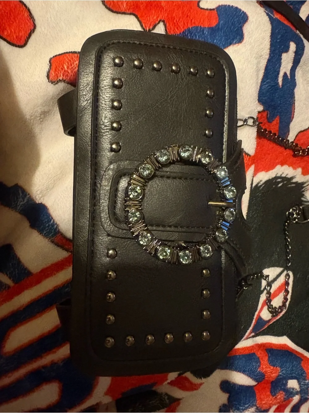 Black Studded Cell Phone Crossbody Case with Crystal Ring Accent